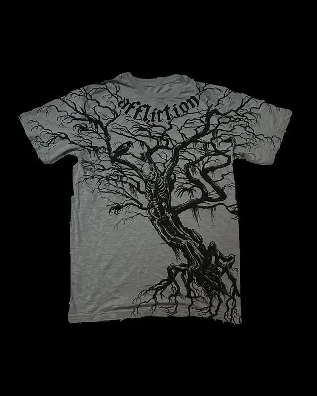 Affliction Men's Skull Graphic T-shirt Vintage American Style Distressed Print Rock Tee High Street Hip-Hop Cotton Couple Tops