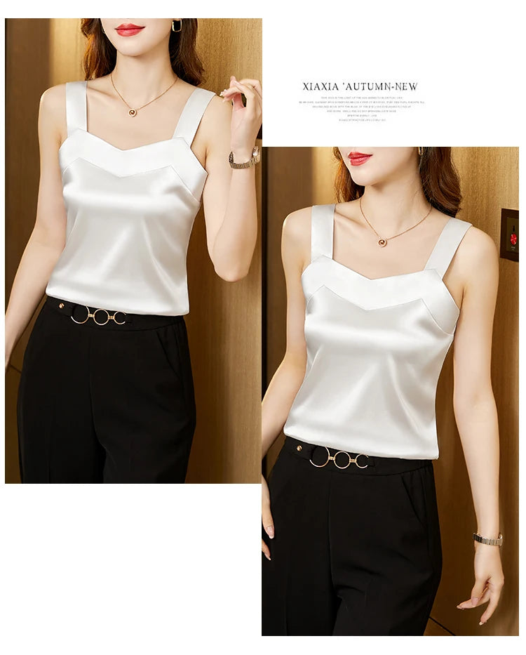 Woman T-shirts Elegant SILK Satin Blouse Sleeveless Female Summer 2025 Casual Loose Tanks and Camis Solid Green Tops for Women