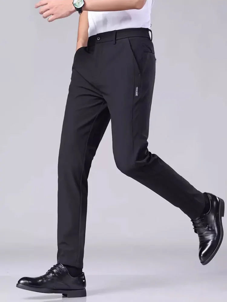 Men's casual pants, semi elastic waistband, nylon ice silk elastic straight tube, light gray, business gentleman, summer casual