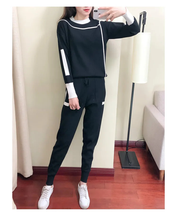 2025 Autumn Runway 2 Pieces Set Knitted Long Sleeve Pullovers Sweater Casual Patchwork Fashion Women Tops and Pants Suits Spring