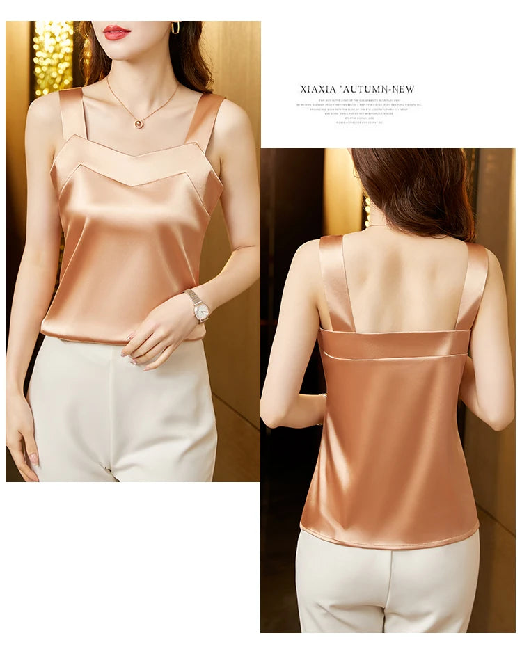 Woman T-shirts Elegant SILK Satin Blouse Sleeveless Female Summer 2025 Casual Loose Tanks and Camis Solid Green Tops for Women