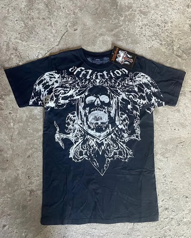 Affliction Men's Skull Graphic T-shirt Vintage American Style Distressed Print Rock Tee High Street Hip-Hop Cotton Couple Tops