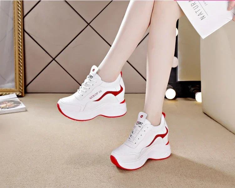 2025 New High Heels Wedge Outdoor Sport Spring White Shoes Breathable Casual Shoe Women Leather Platform Sneakers Red