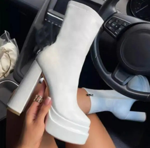 Luxury autumn/winter new double waterproof platform leather thick heel ankle boots women's large size high-heeled women's boots