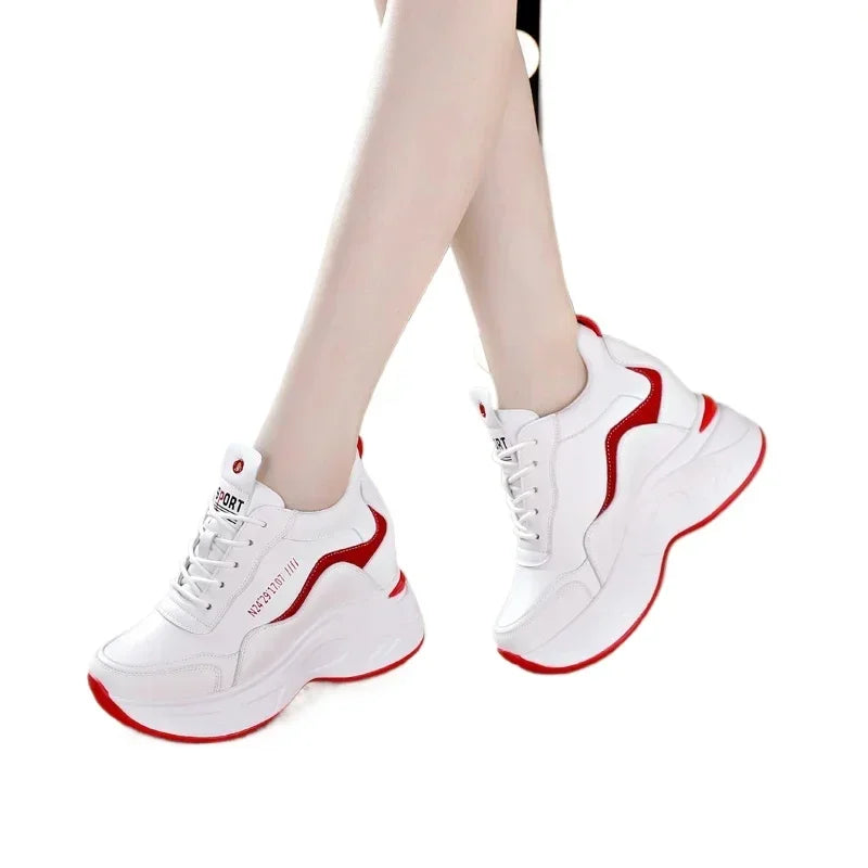 2025 New High Heels Wedge Outdoor Sport Spring White Shoes Breathable Casual Shoe Women Leather Platform Sneakers Red
