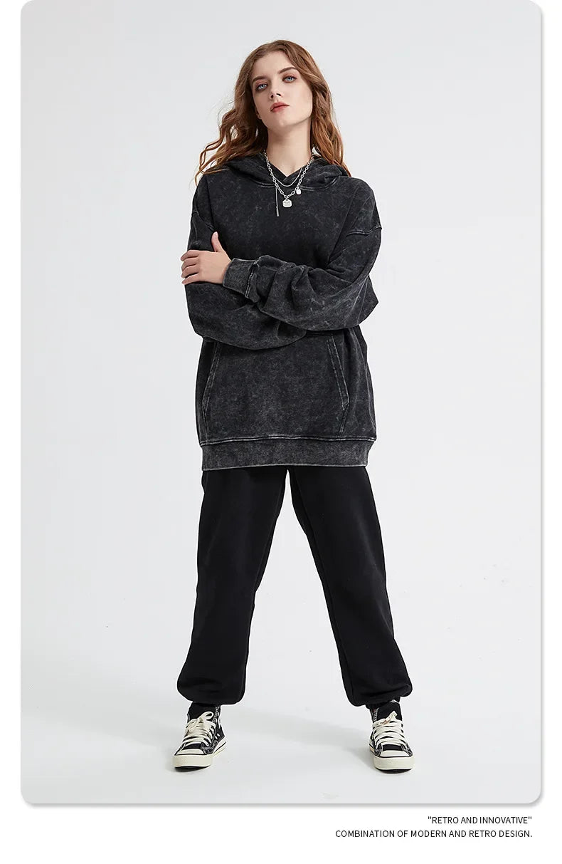 custom Wash Hoodies Men Women Vintage Black 100% Cotton Gothic Sweatshirts Casual Pullover Hip Hop Y2K Sportswear