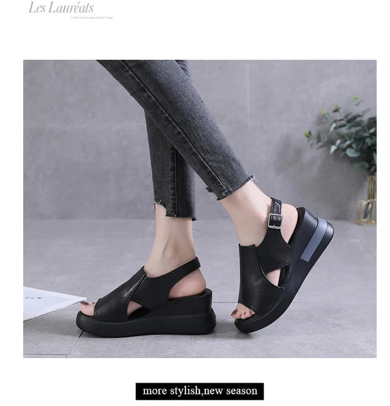 2023 Women's Platform Wedge Sandals New Summer High-heeled Fish Mouth Women's Shoes Soft Leather Heightened Platform Shoes