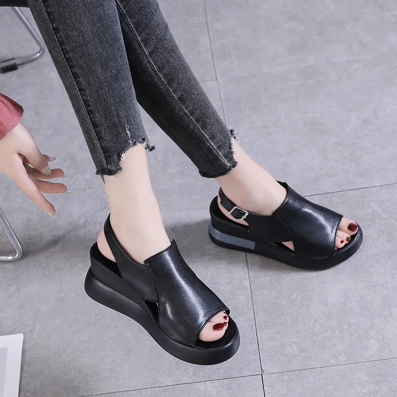 2023 Women's Platform Wedge Sandals New Summer High-heeled Fish Mouth Women's Shoes Soft Leather Heightened Platform Shoes