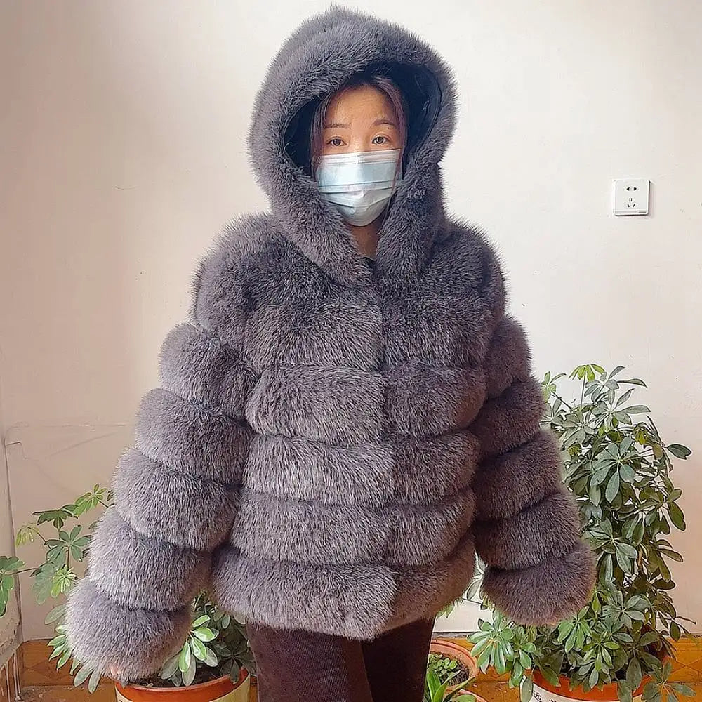Fur Coat Women's Winter Coats Overcoat Female Fur Jackets For Women Long Sleeves Hood womans Real fur coats Real Fur Clothing