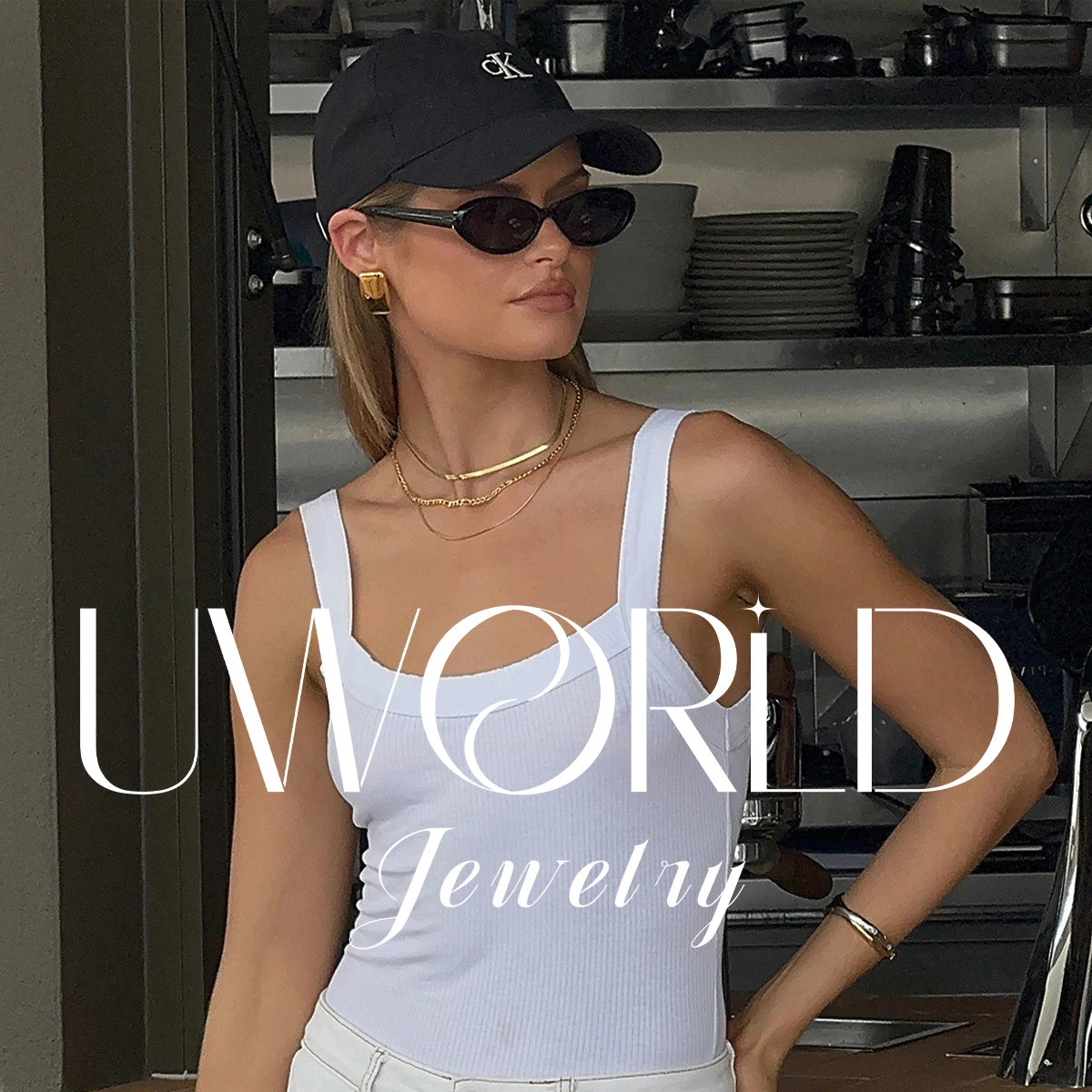 Uworld Fashion Vacation Style 18K Gold Color Plated Stainless Steel Natural Color Stone Pendant Necklace Stackable Double layer