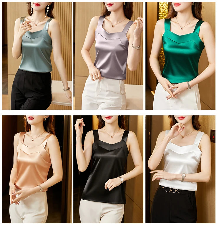 Woman T-shirts Elegant SILK Satin Blouse Sleeveless Female Summer 2025 Casual Loose Tanks and Camis Solid Green Tops for Women