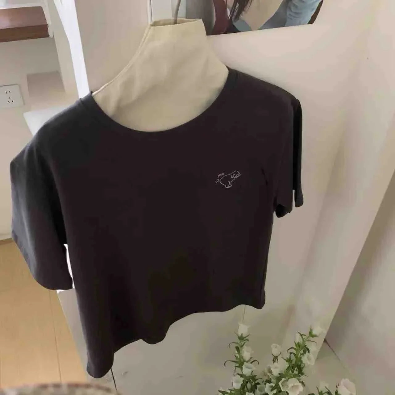 Summer New Korean Style Loose Casual round Neck Short Sleeve T-Shirt Women's White Top Embroidered Dog Pattern Cotton