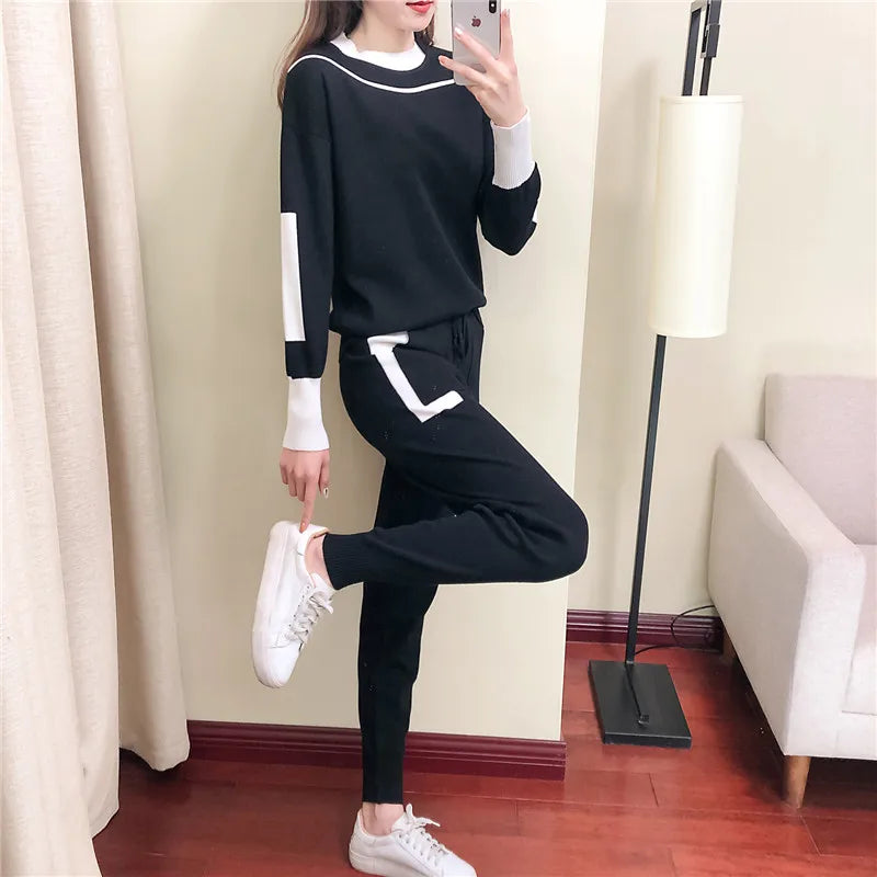 2025 Autumn Runway 2 Pieces Set Knitted Long Sleeve Pullovers Sweater Casual Patchwork Fashion Women Tops and Pants Suits Spring
