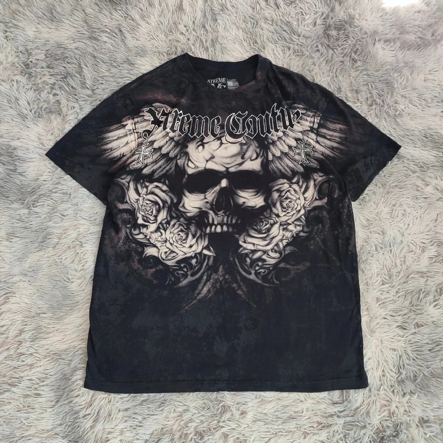 Affliction Men's Skull Graphic T-shirt Vintage American Style Distressed Print Rock Tee High Street Hip-Hop Cotton Couple Tops