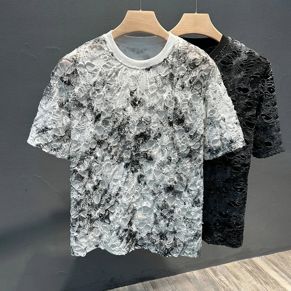 Mens T-Shirts Casual Tie-Dye Ripped T-Shirts Summer Niche Lightweight Unique Versatile Fashion Short Sleeve Tops Men'S Wear 2024