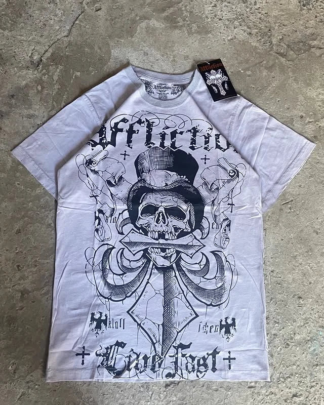 Affliction Men's Skull Graphic T-shirt Vintage American Style Distressed Print Rock Tee High Street Hip-Hop Cotton Couple Tops