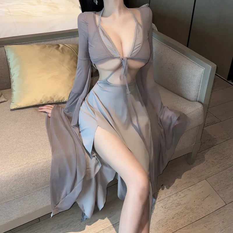WOMENGAGA Gray Fairy Dress Robe Bandage V Neck Sexy Spicy Girl Beach Resort Long Dress Elegant Auutmn Fashion Women Tops Z8QN