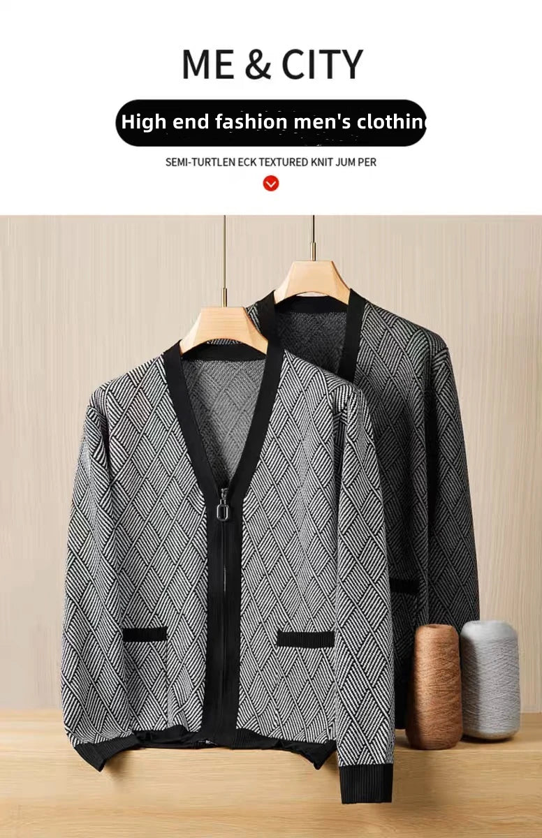 Luxury brand men's V-neck knitted sweater autumn winter new fashion boutique zipper European design high-end shawl casual coat