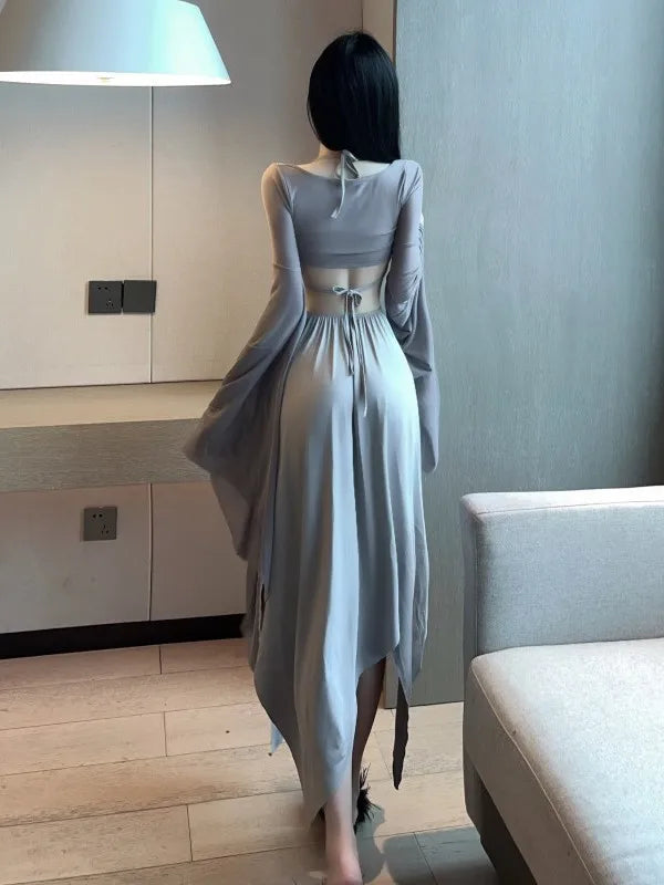 WOMENGAGA Gray Fairy Dress Robe Bandage V Neck Sexy Spicy Girl Beach Resort Long Dress Elegant Auutmn Fashion Women Tops Z8QN