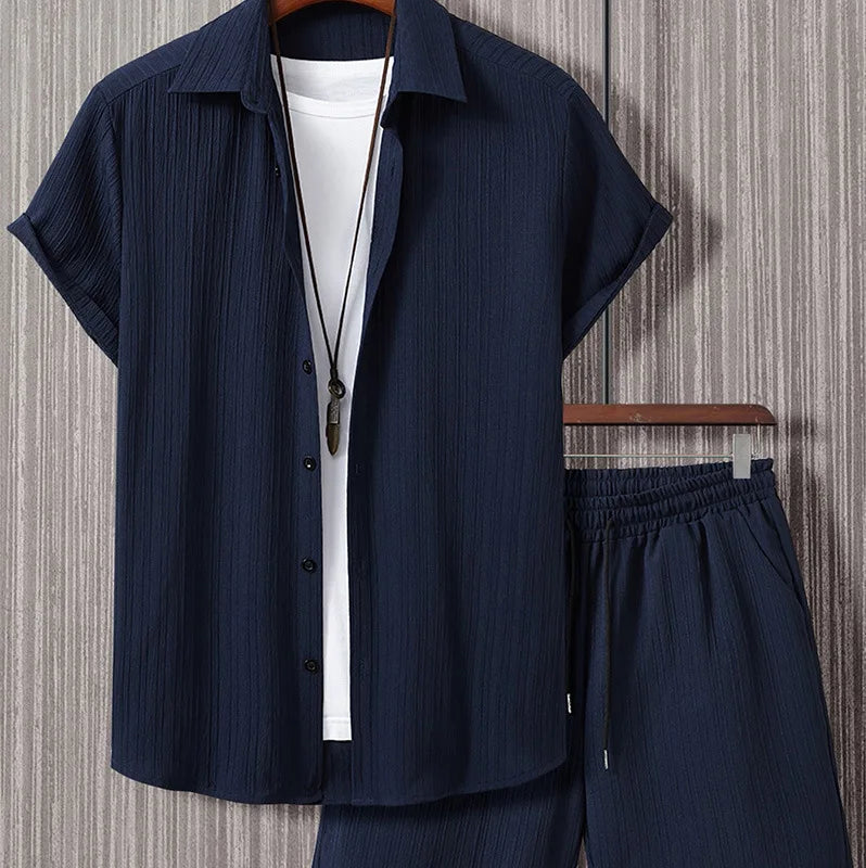 2025 Summer Men's Set Striped Jacquard Shirt Short Sleeve Button Collar Casual Shirt Fashionable Hot Selling Trendy Atmosphere