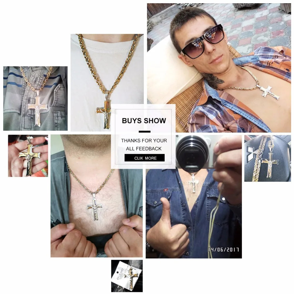 Stainless Steel Christs Jesus Cross Pendant Necklace Link Byzantine Chain  Silver Color Necklaces for Men 21.65" 6mm MN50