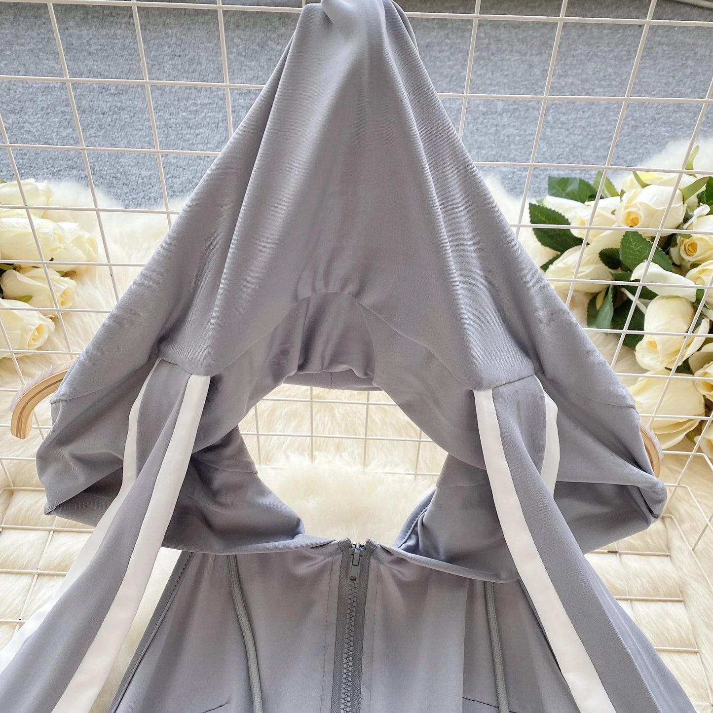 Cute Gray Rabbit Ear Hood Top Sexy Backless Slim Fit Bodysuit Zip Sleeveless Women Sexy Erotic Lingerie Bunny Cosplay Playsuit