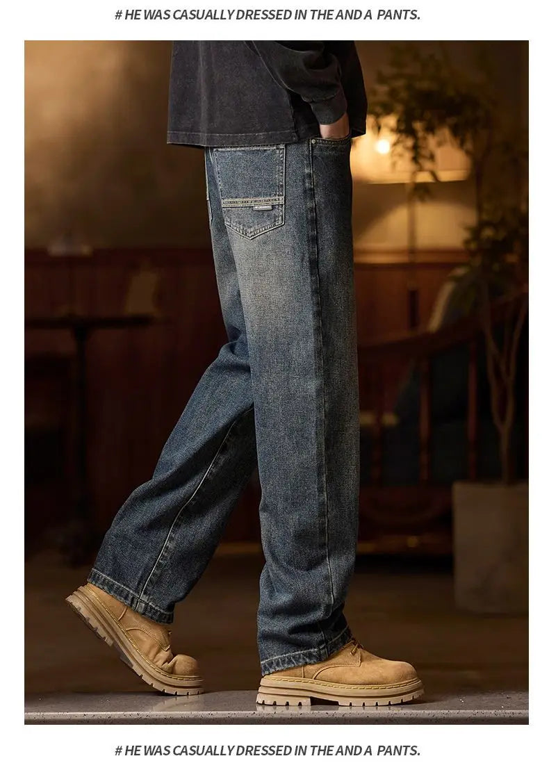 American Men's Y2K Retro Blue Denim Jeans Autumn Spring Relaxed Fit Korean Streetwear Casual Wide-leg Pants with Spliced Pockets