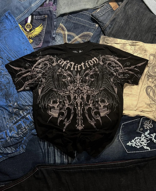 Affliction Men's Skull Graphic T-shirt Vintage American Style Distressed Print Rock Tee High Street Hip-Hop Cotton Couple Tops