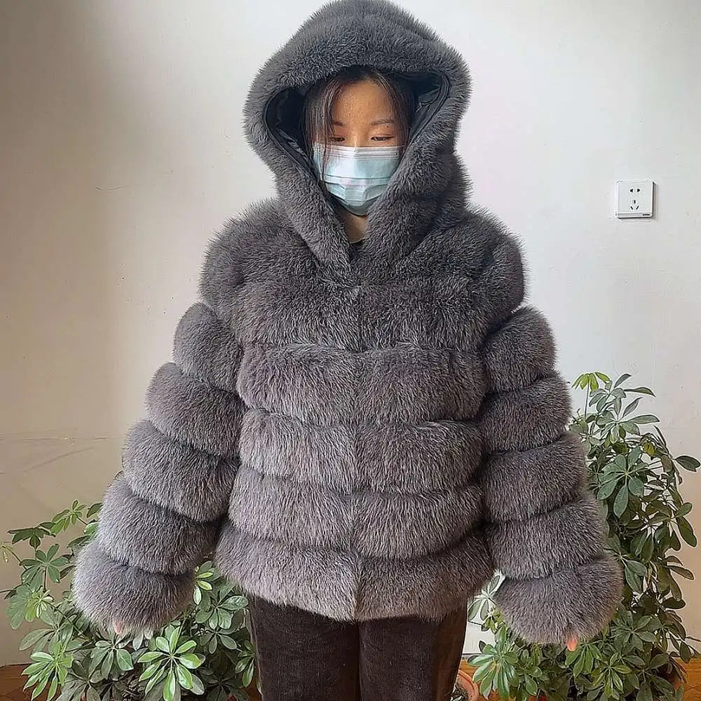Fur Coat Women's Winter Coats Overcoat Female Fur Jackets For Women Long Sleeves Hood womans Real fur coats Real Fur Clothing