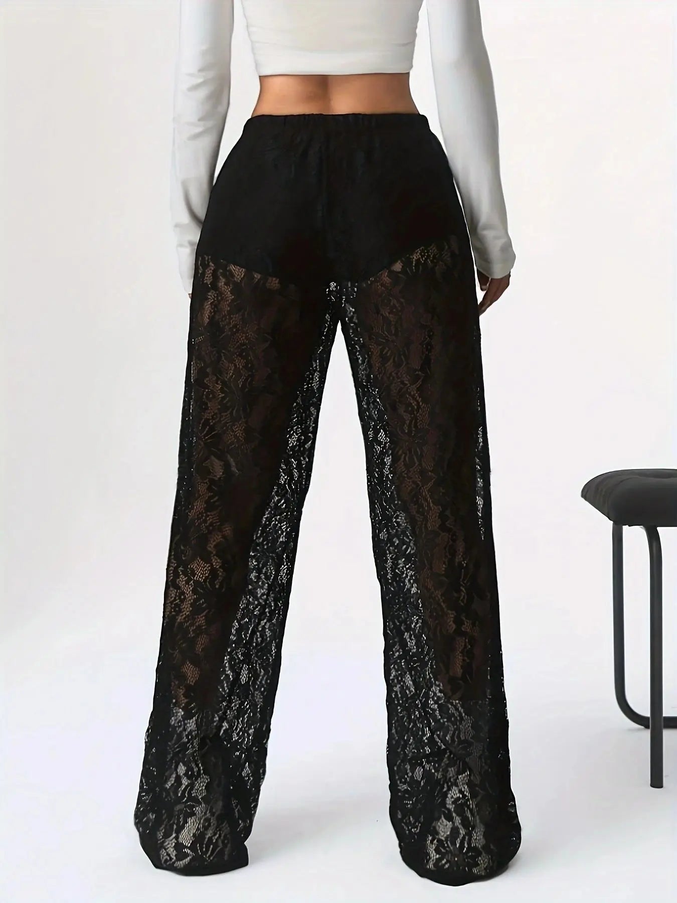 2025 New Fashionable and Sexy Versatile Waist Collection Lace Jacquard Micro Transparent Straight Leg Casual Pants Long Pants