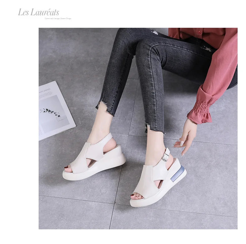 2023 Women's Platform Wedge Sandals New Summer High-heeled Fish Mouth Women's Shoes Soft Leather Heightened Platform Shoes