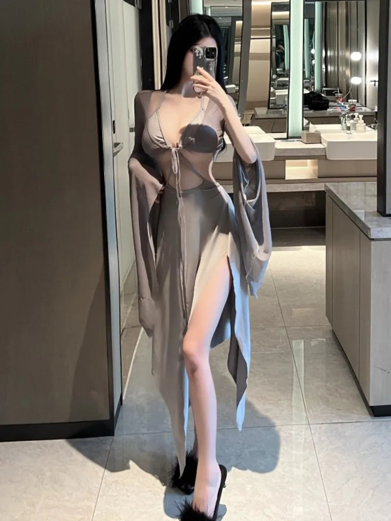 WOMENGAGA Gray Fairy Dress Robe Bandage V Neck Sexy Spicy Girl Beach Resort Long Dress Elegant Auutmn Fashion Women Tops Z8QN