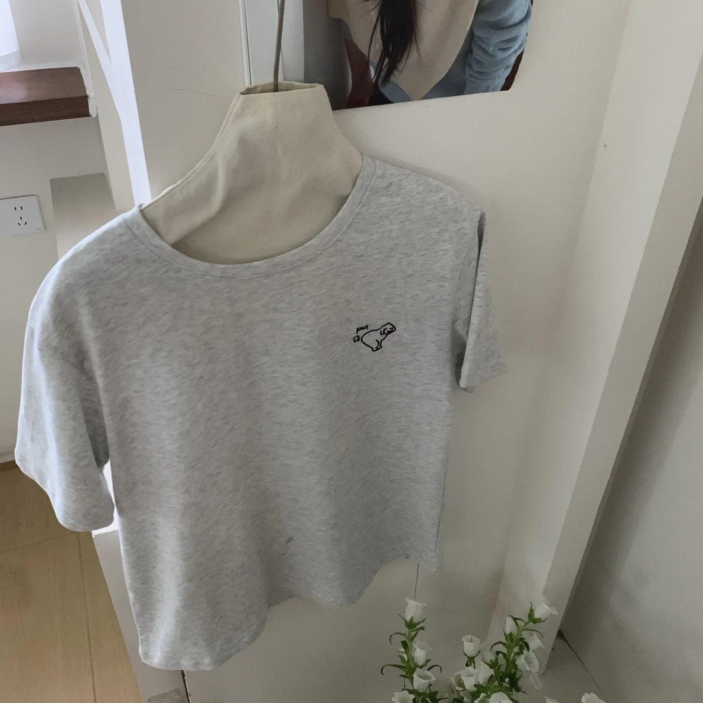 Summer New Korean Style Loose Casual round Neck Short Sleeve T-Shirt Women's White Top Embroidered Dog Pattern Cotton