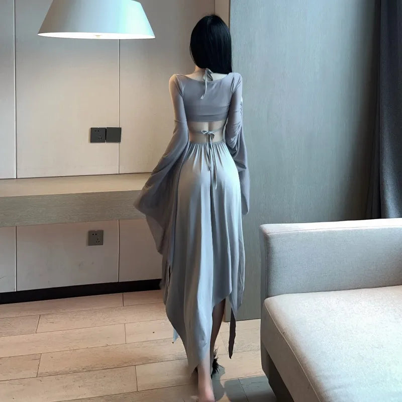 WOMENGAGA Gray Fairy Dress Robe Bandage V Neck Sexy Spicy Girl Beach Resort Long Dress Elegant Auutmn Fashion Women Tops Z8QN