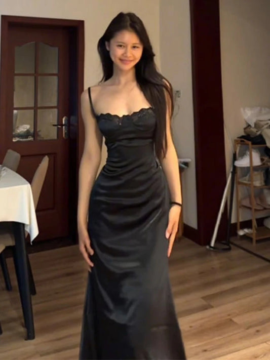 Black Strap Elegant Dress Women Black Satin Sleeveless Dress Elegant Lace Detail for Evening Gown Look and Formal Wear 2025 New