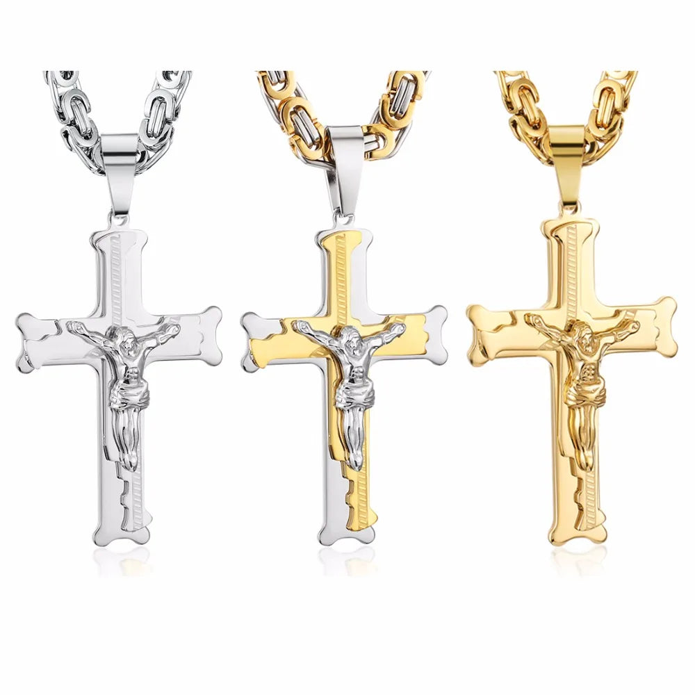 Stainless Steel Christs Jesus Cross Pendant Necklace Link Byzantine Chain  Silver Color Necklaces for Men 21.65" 6mm MN50