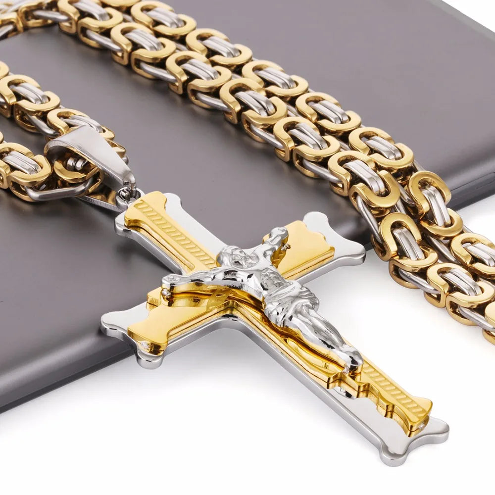Stainless Steel Christs Jesus Cross Pendant Necklace Link Byzantine Chain  Silver Color Necklaces for Men 21.65" 6mm MN50