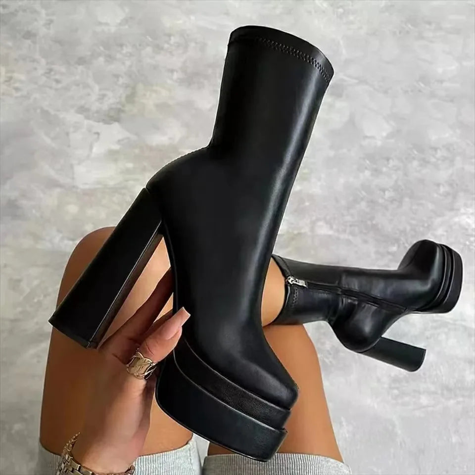 Luxury autumn/winter new double waterproof platform leather thick heel ankle boots women's large size high-heeled women's boots
