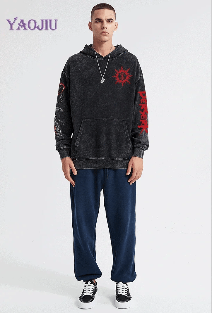 custom Wash Hoodies Men Women Vintage Black 100% Cotton Gothic Sweatshirts Casual Pullover Hip Hop Y2K Sportswear