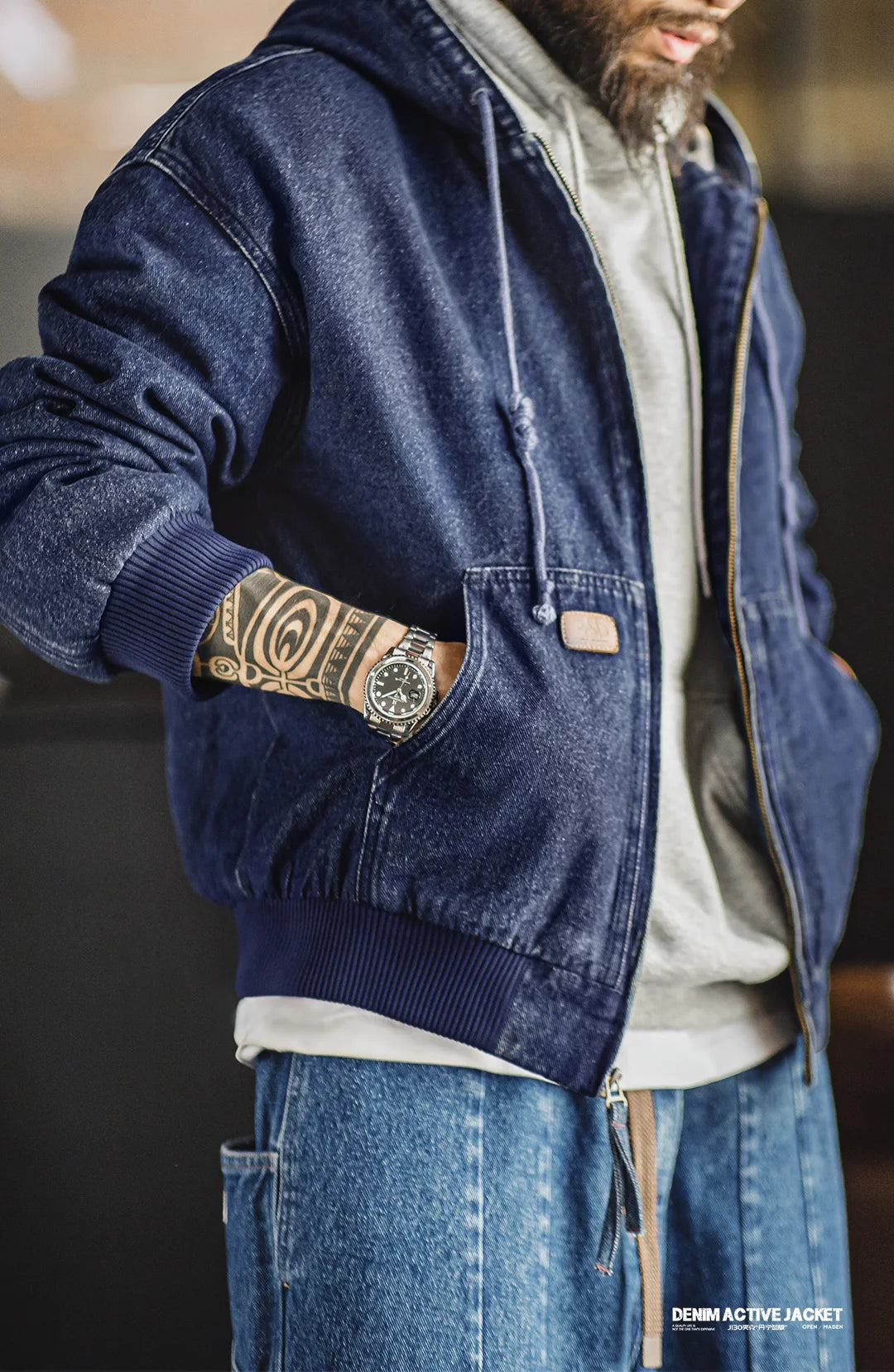 Maden Men's Retro J130 10.5oz Denim Jacket Heavyweight Washed Hooded Jacket Regular Fit Zip Workwear Coat with Pockets for Fall