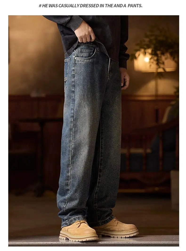 American Men's Y2K Retro Blue Denim Jeans Autumn Spring Relaxed Fit Korean Streetwear Casual Wide-leg Pants with Spliced Pockets