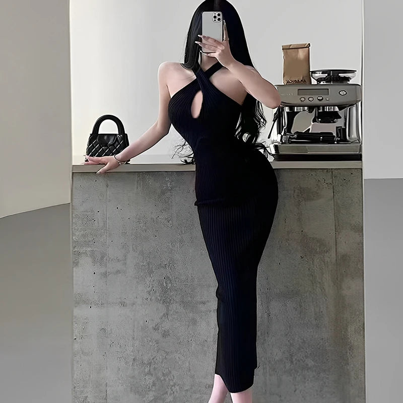 Knitted Cross Halter Dress Women's Sheath Hollow Backless Wrapped Long Dresses