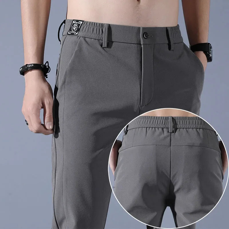 Men's casual pants, semi elastic waistband, nylon ice silk elastic straight tube, light gray, business gentleman, summer casual