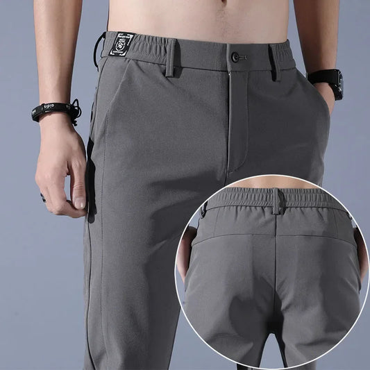 Men's casual pants, semi elastic waistband, nylon ice silk elastic straight tube, light gray, business gentleman, summer casual