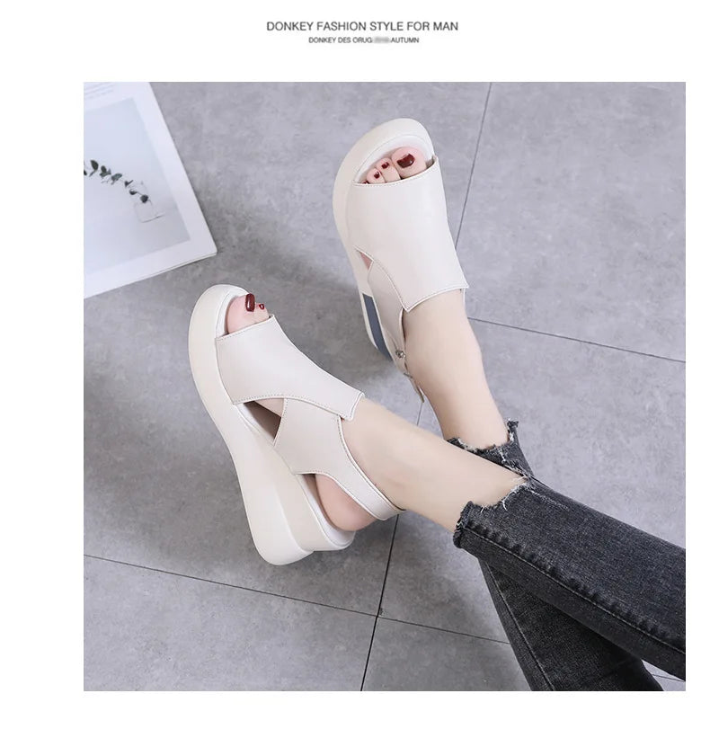 2023 Women's Platform Wedge Sandals New Summer High-heeled Fish Mouth Women's Shoes Soft Leather Heightened Platform Shoes