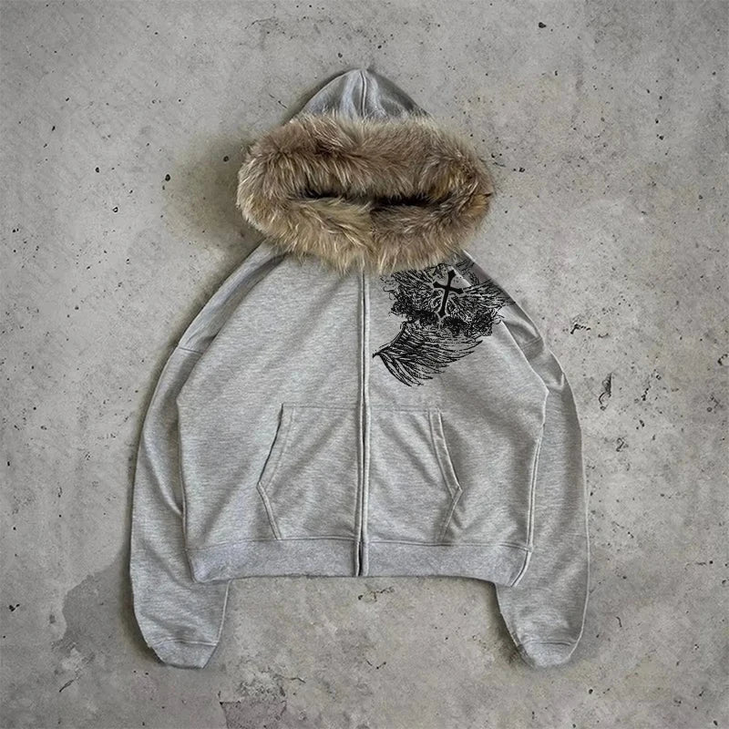 European and American style men's and women's Easter plush edge decorative jacket with cross wing pattern printed on it punk Y2K