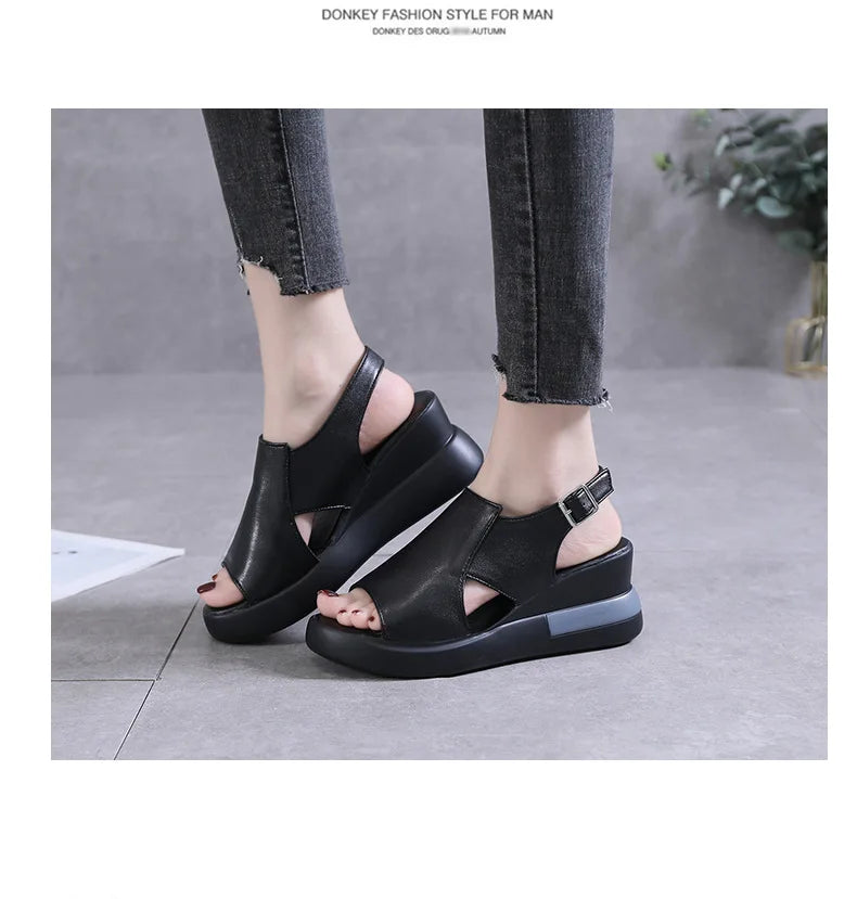 2023 Women's Platform Wedge Sandals New Summer High-heeled Fish Mouth Women's Shoes Soft Leather Heightened Platform Shoes