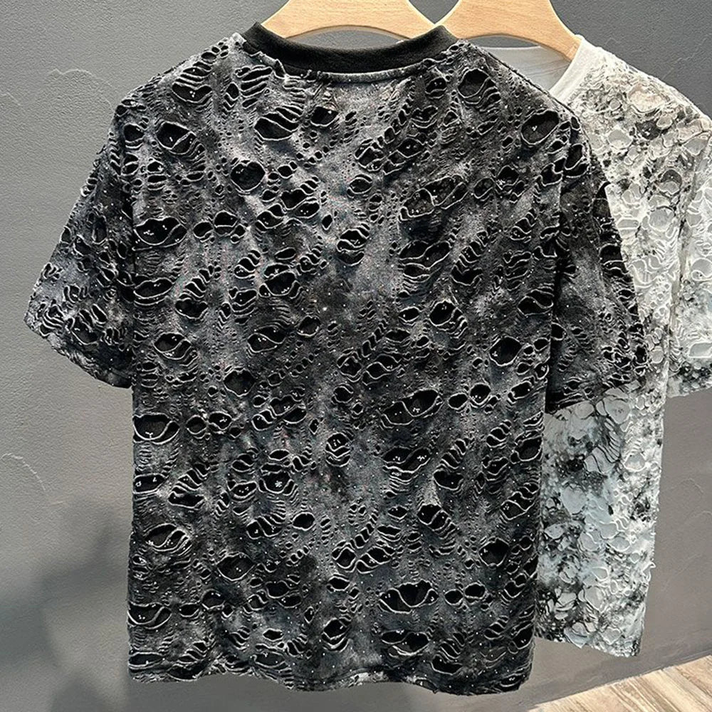 Mens T-Shirts Casual Tie-Dye Ripped T-Shirts Summer Niche Lightweight Unique Versatile Fashion Short Sleeve Tops Men'S Wear 2024