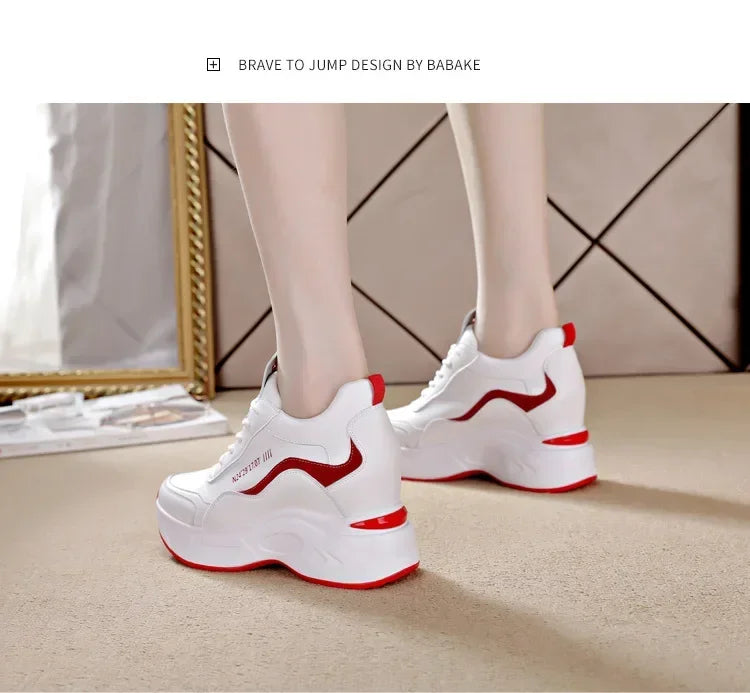 2025 New High Heels Wedge Outdoor Sport Spring White Shoes Breathable Casual Shoe Women Leather Platform Sneakers Red