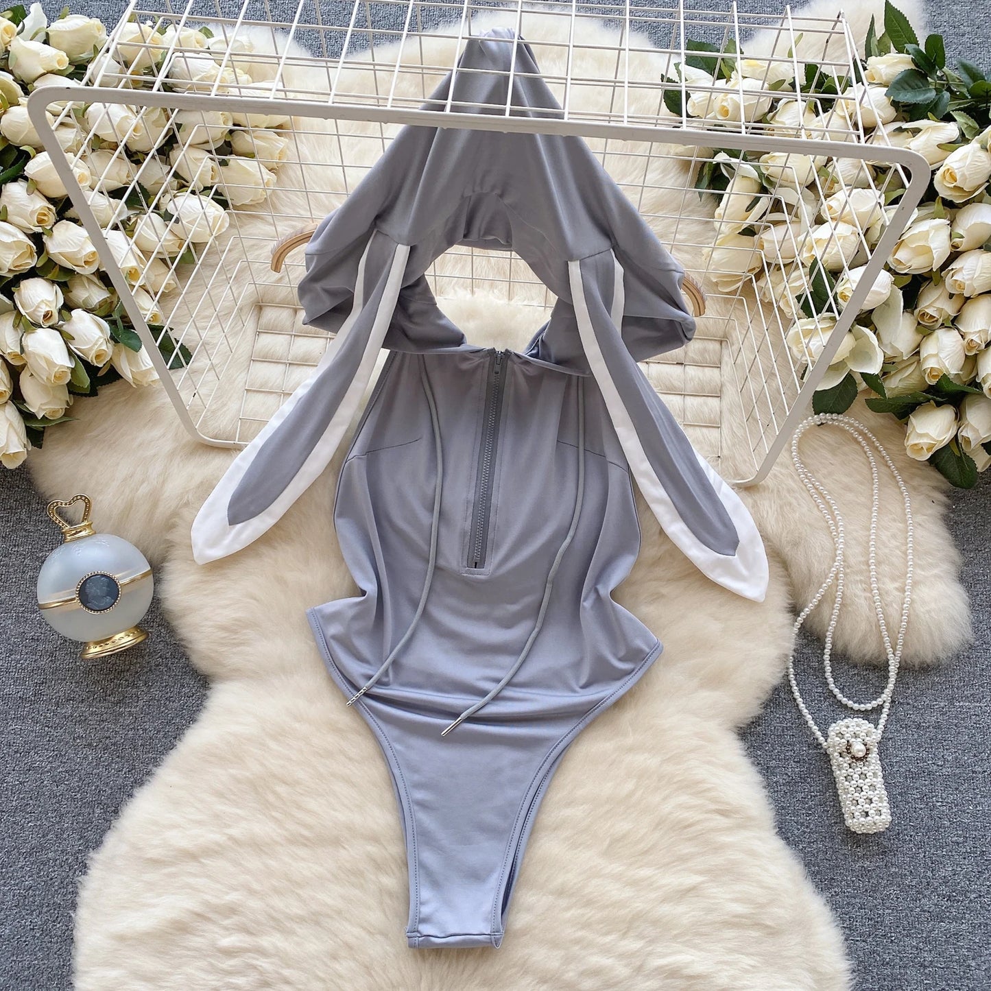 Cute Gray Rabbit Ear Hood Top Sexy Backless Slim Fit Bodysuit Zip Sleeveless Women Sexy Erotic Lingerie Bunny Cosplay Playsuit
